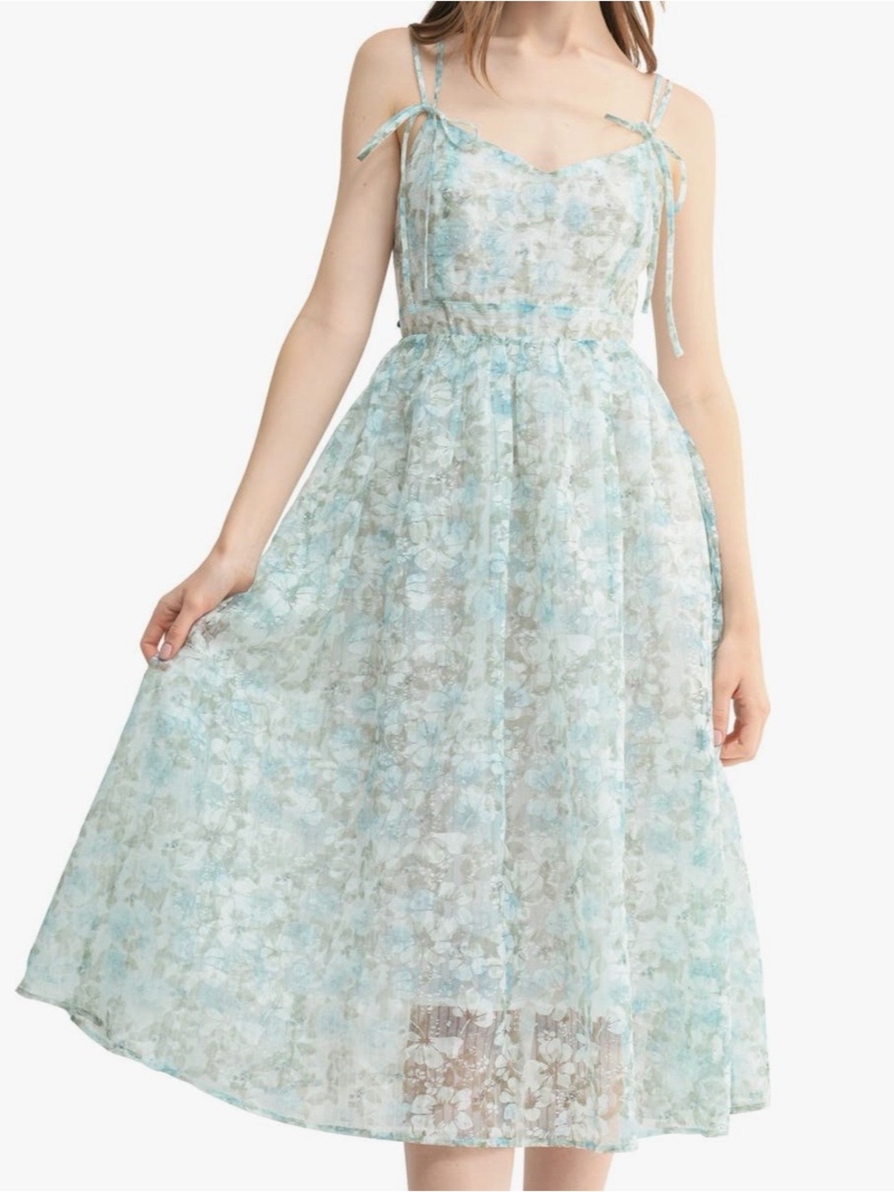 Lush Light Blue Floral Dress with Adjustable Spaghetti Tie Straps